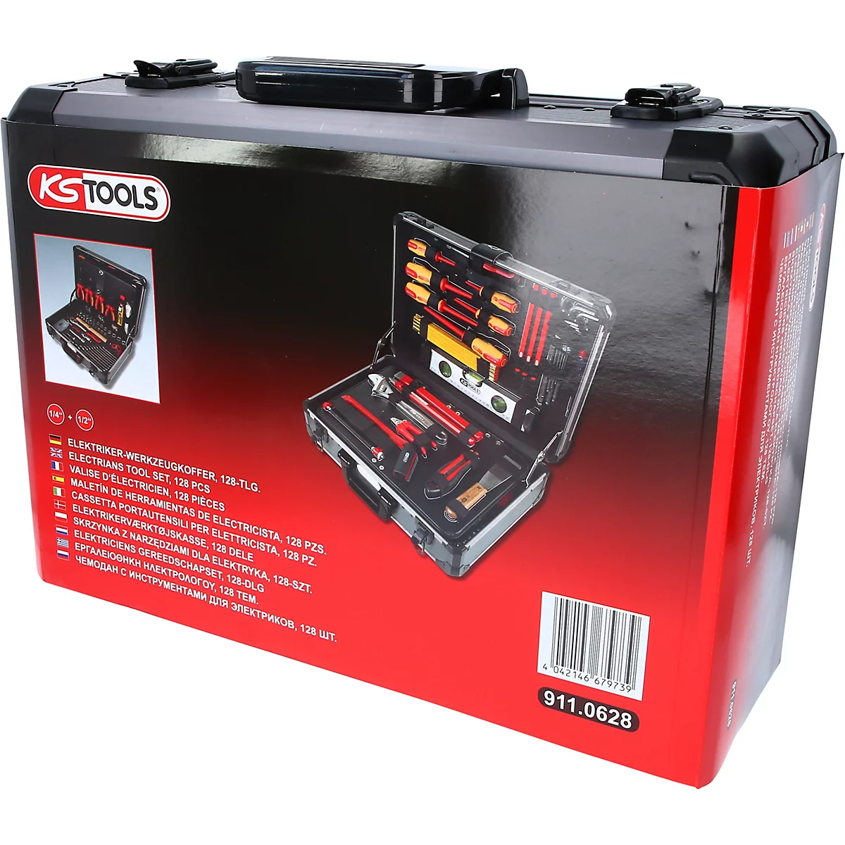 Werkzeugkoffer mit Werkzeug, geöffnet auf rotem Hintergrund. Der Koffer trägt das KS TOOLS Logo und Text in verschiedenen Sprachen.